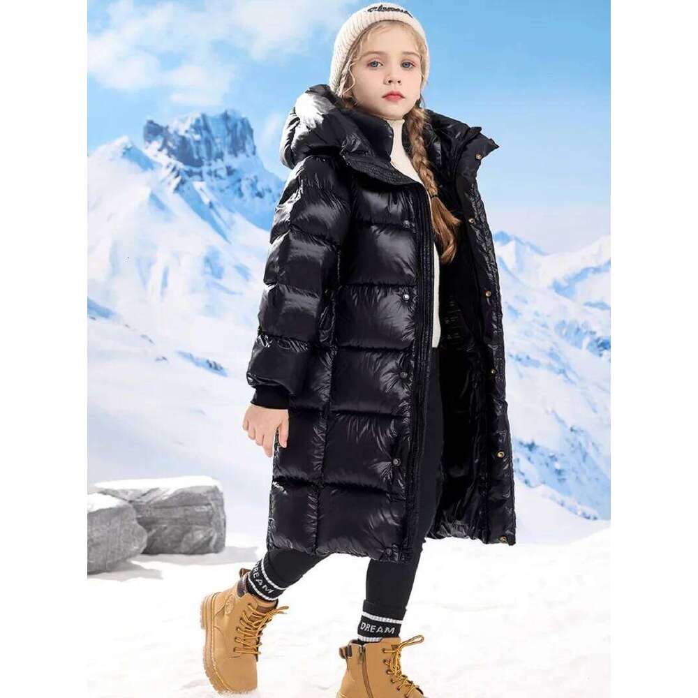 Winter Warm Girls Black X-Long Hooded Full Zipper Puffer Jackets School Kids Thick Snow Coat Children Outfit Windbreaker 5-16 Yr