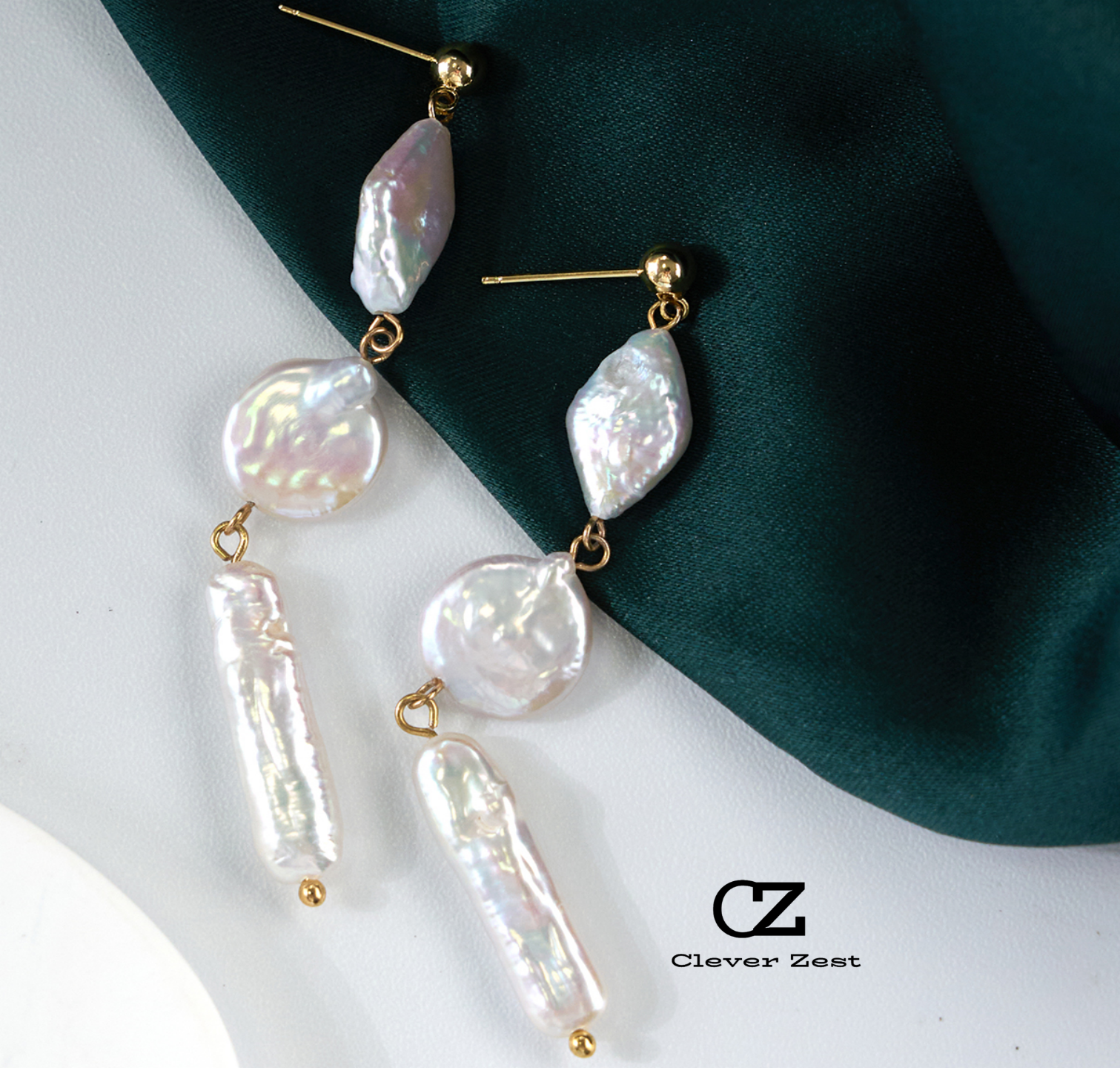 Natural White Diamond-Shaped Button Toothpick Baroque Earrings 14K Gold-Filled Fashionable Versatile Trend Anniversary Gift Bestie Gift