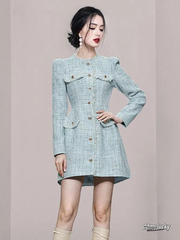 Womens Autumn And Winter Pullover Round Neck Panel Button Solid Color Slimming Mid Length Flower Tweed Long Sleeved Dress 240824 Ddmylucky