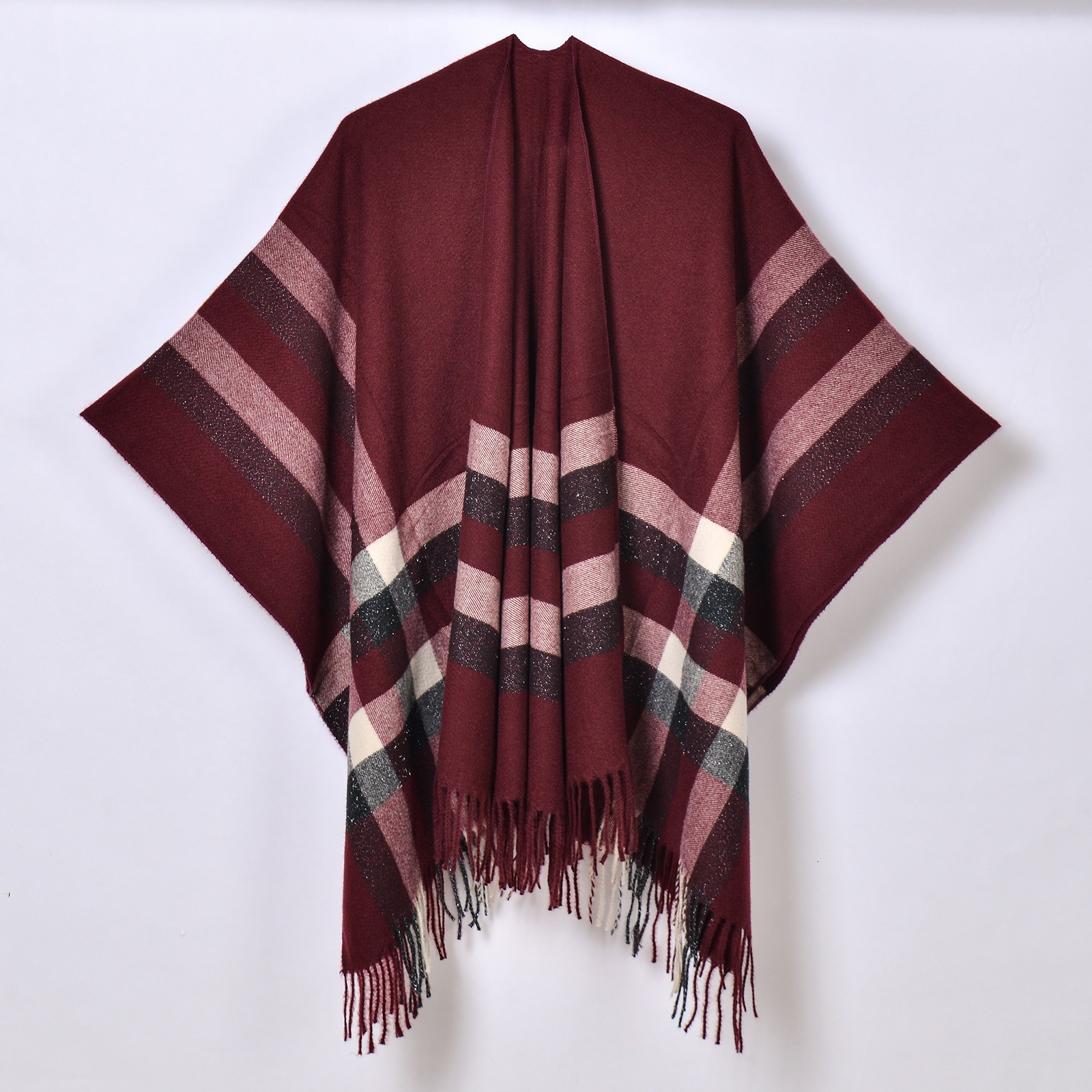 New Autumn Winter Silver Stripe Plaid Shawl Simple Versatile Split Cardigan Cape Office Blanket