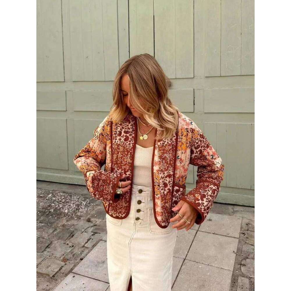 New Autumn Vintage Print Patchwork Cotton Woman Coats Casual Loose Full Sleeve Short Jackets Winter Female Outerwear