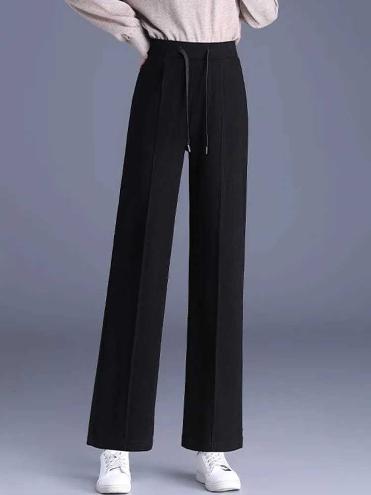 Winter Warm Thicken Loose Straight Pants Korean Elastic High Waist Lace Up Wide Leg Pantalones Casual Velvet Lined SweatpantsT251025