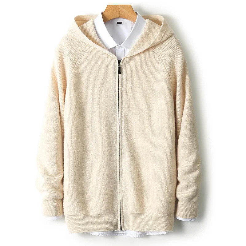 Men 100 Merino Wool Sweater Hooded Zipper Cardigan Autumn Winter Thickened Knit Largesize Jacket Long Sleeved Sportswear Coat 251020