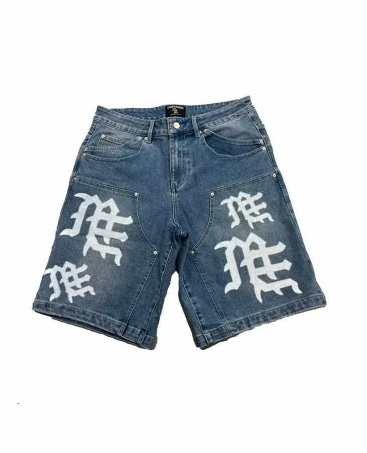Streetwear American Denim Shorts Y2K Clothing Mens Womens Hip Hop Lettering Washing Baggy Shorts Casual Knee Length PantsXJ251025