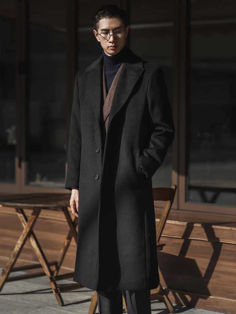 Mauroicardi Autumn Winter Long Warm Black Trench Coat Men Single Breasted Luxury Wool Blends Overcoat 2022 High Quality ClothingT251025