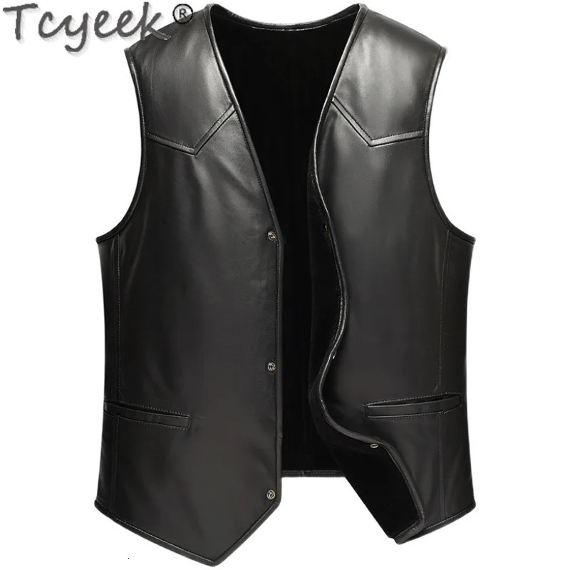 Tcyeek Real Leather Vest for Men Autumn Winter Clothes Genuine Sheepskin Fur Sleeveless Jacket Mens Vests Single Breasted 251020