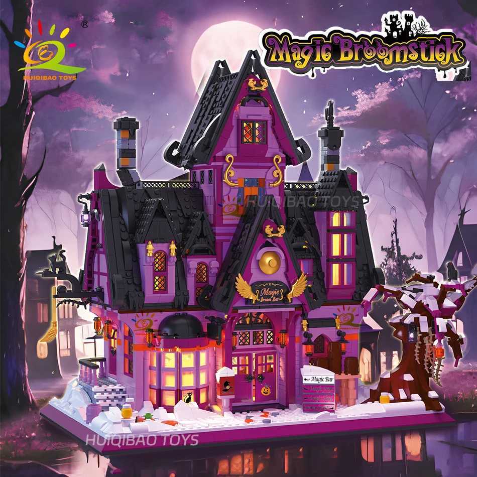 HUIQIBAO Halloween Witch House Wizard Bar Magic Shop Micro Model Building Block City DIY Store Assembly Brick Toys for Children C251023