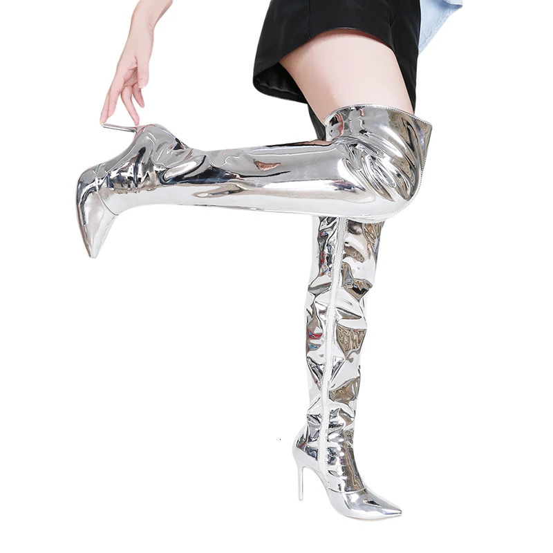 Sexy Silver Mirror Thigh High Boots Women T Show Pointy Toe Club Party Shoes Thin High Heels Over The Knee Long Boots For Women 251023