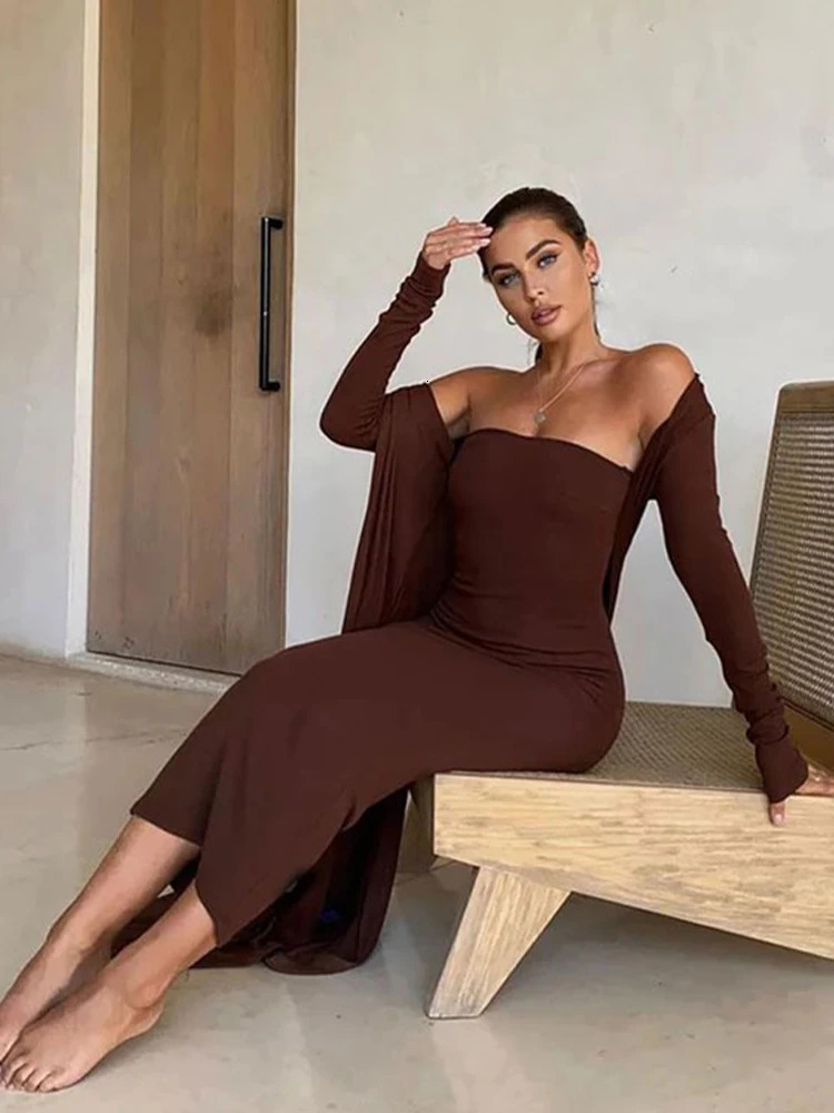 Solid Sexy TubeTop Slim Dress Long Cardigan 2Piece Set Elegant Party Dresses Sleeve Coat Woman Wedding Guest Suit 251016