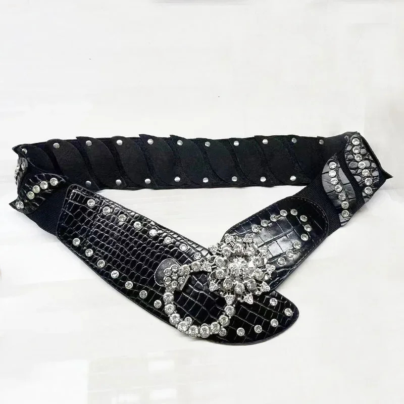 Rhinestone Splicing Wide Waistband Women Sexy Belts Bling Vintage Flower Punk Metal Buckle Y2K PU Leather Belt Skirt Accessories 251024