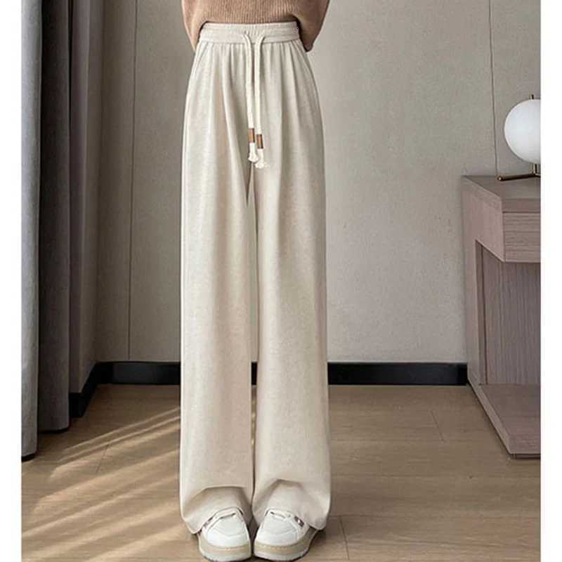 Autumn Women Classic Versatile Daily High Waisted Long Pants Lady Fashion Solid Cotton Elastic Wide Leg Straight Leg TrousersT251025