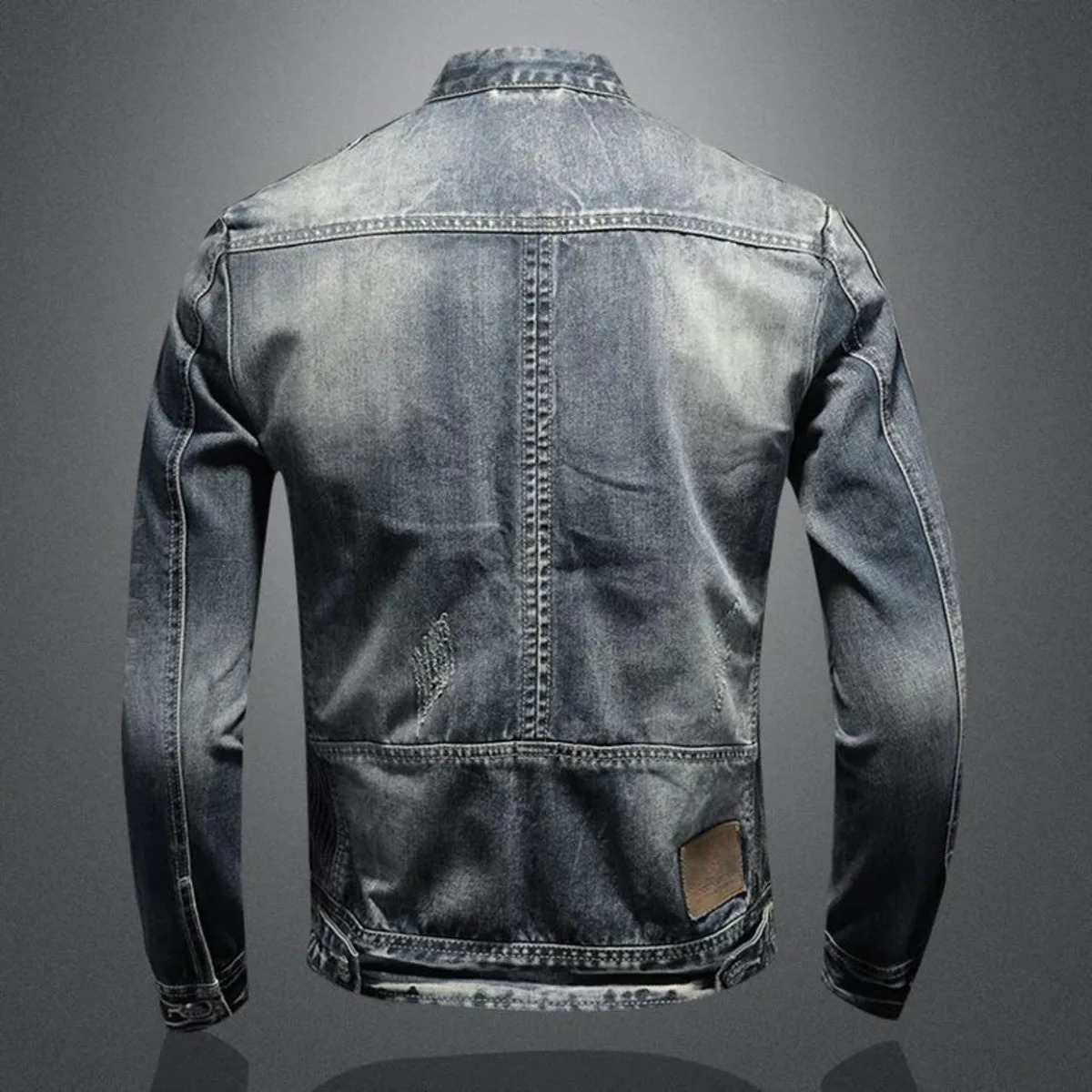 Mens Retro Denim Jacket Casual Oversized Stand Up Collar Zippered Cycling Motorcycle Coat Trend Loose Fit Top 251017