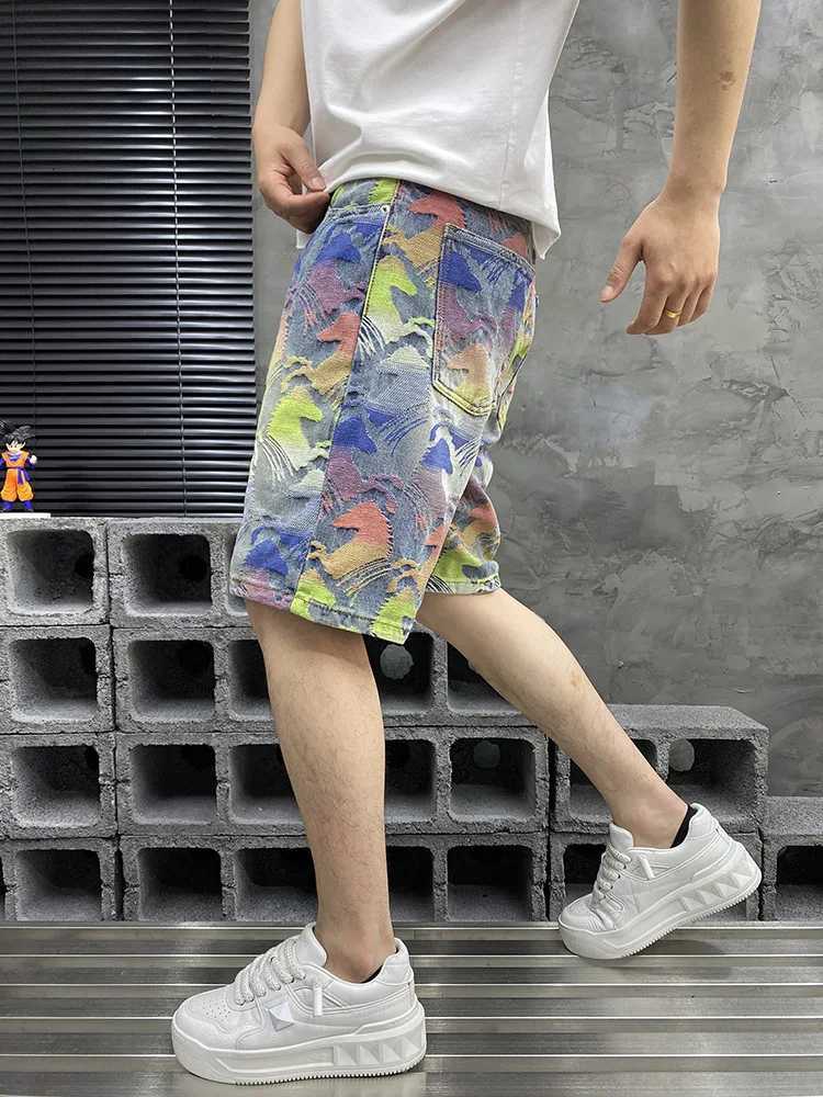 2025 Summer New Colorful Jacquard Cowboy Shorts for Men Loose Straight Fashionable High end Trendy and Five piece PantsXJ251025