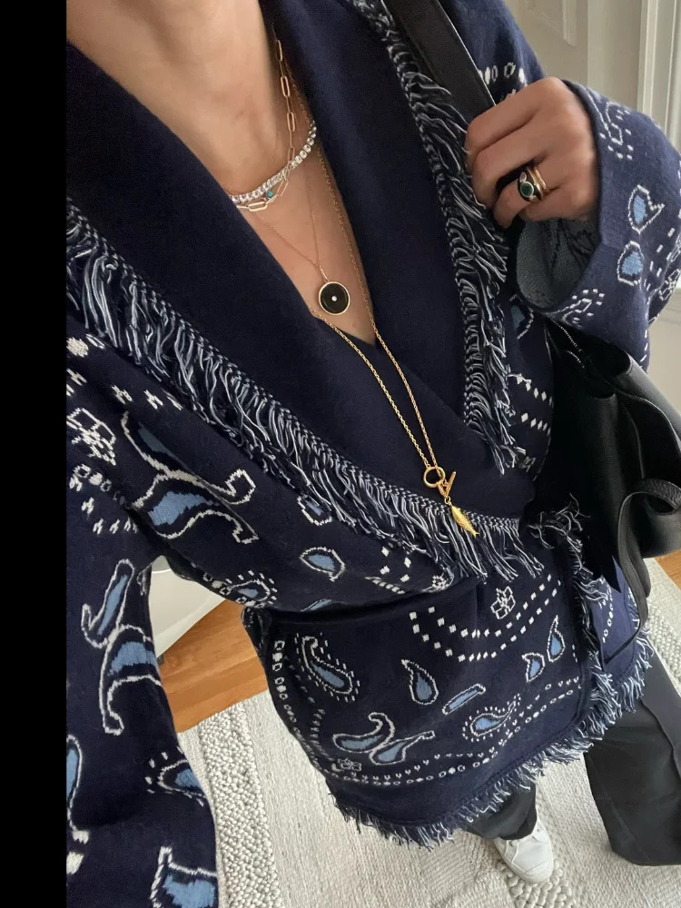 Fashion Printed Tassel Patchwork Cardigan Women Vneck Long Sleeve Loose Sweater Lady Autumn Daily Commute Street Knitwear 251013