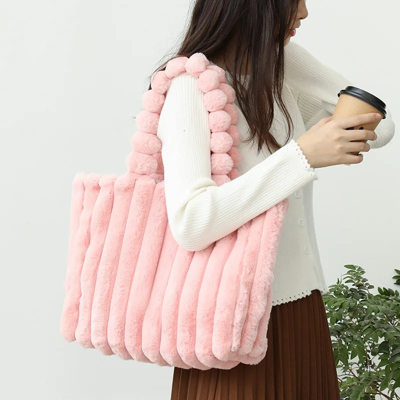 Large Capacity Plush Tote Bag Stiped Faux Fur Shoulder Womens Soft Fluffy Handbag 251018