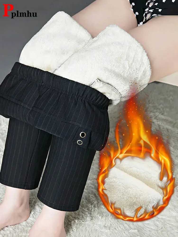 Moms Winter Thicken Striped Straight Pants Elegnt Plus Velvet Pantalones Warm High Waist Office Lady Suit Oversize 5xl TrousersT251025