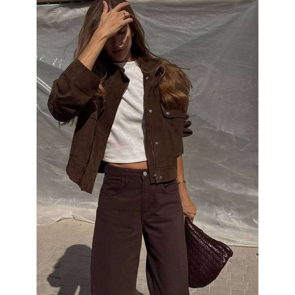 Tidalyf Women Faux Suede Jacket Stand Collar Long Sleeve Decorative Pocket Elastic Hem Casual Chic Autumn Coat