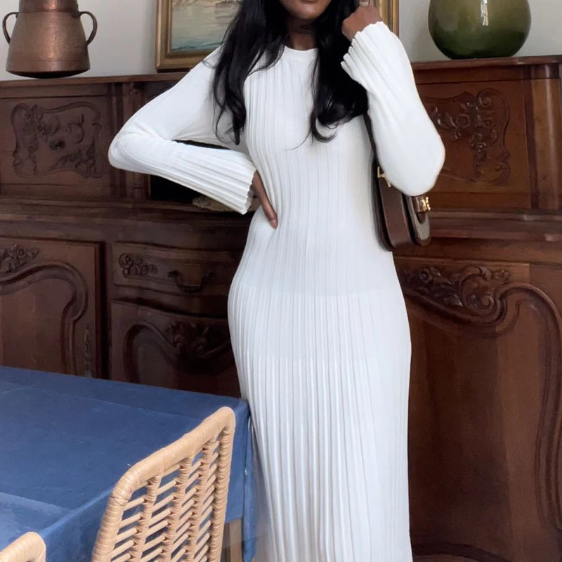 90s Vintage Tie Waist Dress Women Elegant Ribbed Knit Full Sleeve Maxi Dress Crew Neck Bodycon Pencil Long Dress Streetwear 251023