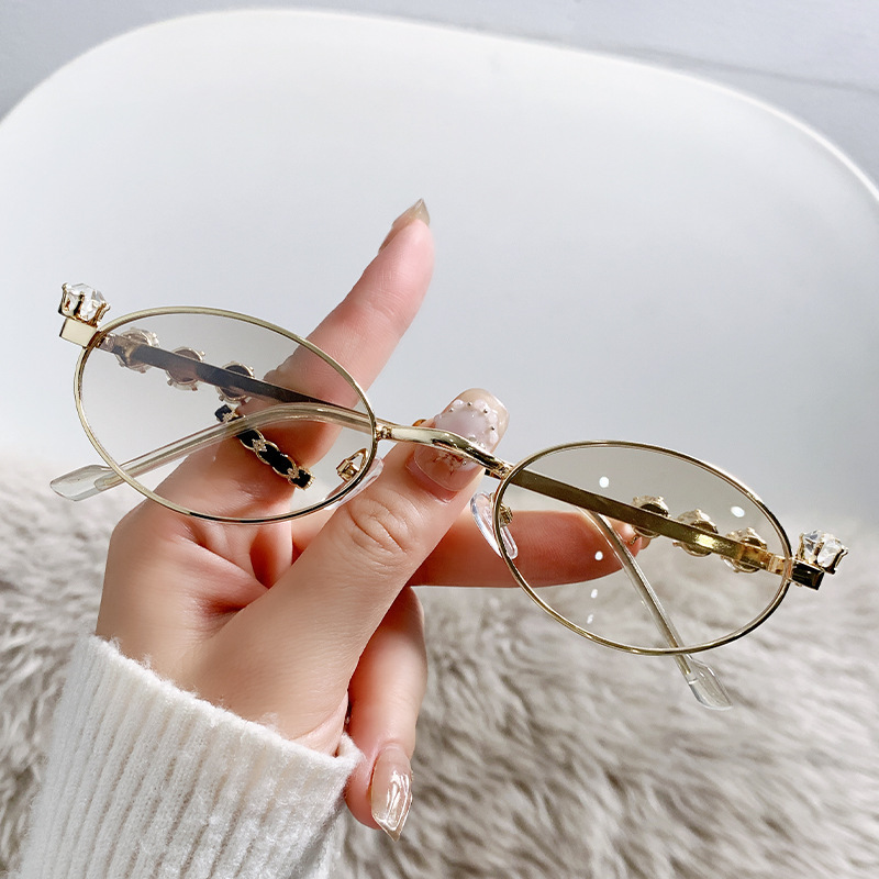 Cross-Border New Viral Street Style Sunglasses Unique Metal Y2K Diamond-Studded Oval Small-Frame Glasses Direct from Manufacturer