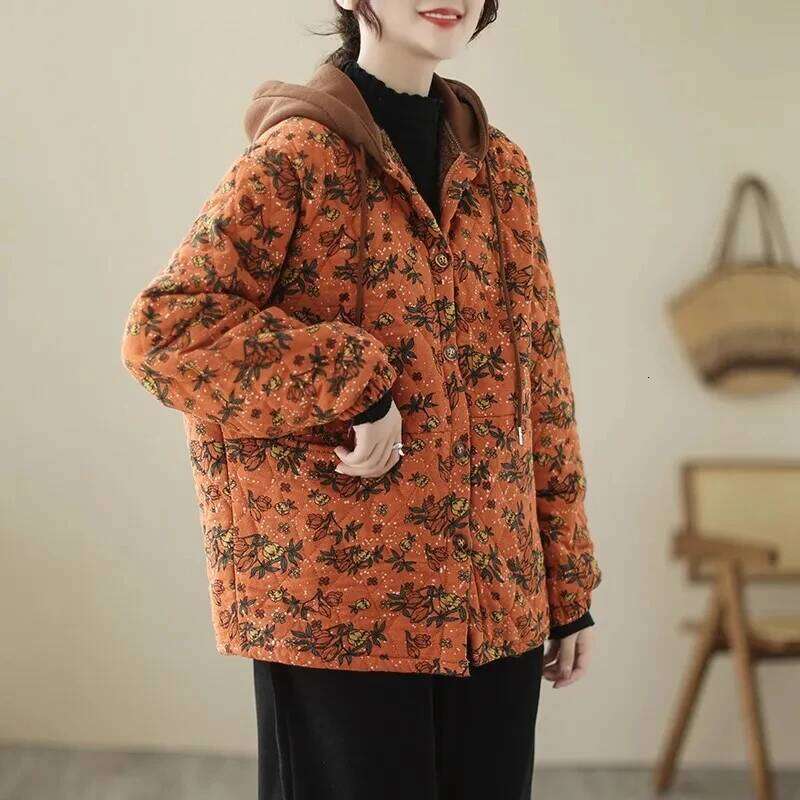 2025New Autumn Winter With Cotton-Padded Jacket Women Mid-Aged Mother Hooded Floral Plus Veet Warm Parkas Coat Female Coats Designer Women