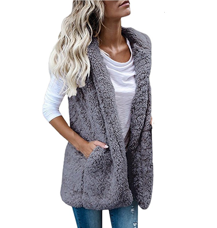 Autumn Winter Plus Size Women's Fashion Solid Color Sleeveless Hooded Pocket Fuzzy Vest