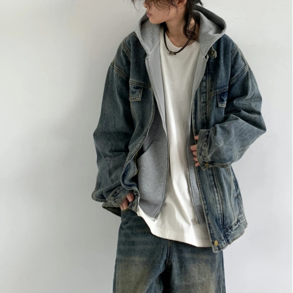 Korean Fashion High Quality Hip Hop Denim Jacket Men Streetwear Couple Stand Collar Vintage Coat Kpop Distressed Jackets 251017