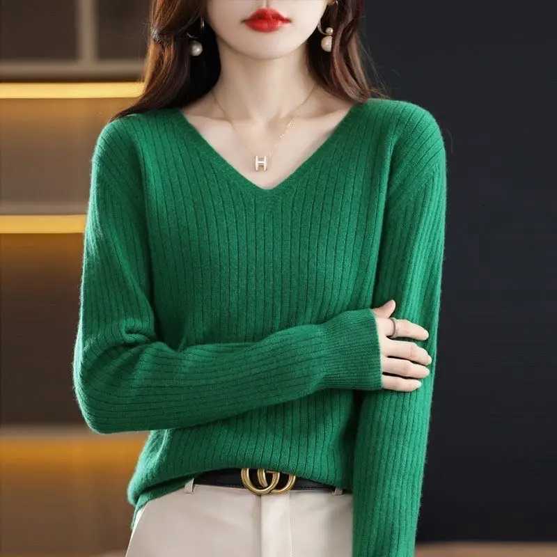 Chic Casual Autumn Winter Basic Sweater Pullovers Women Vneck Solid Knit Loose Pullover Female Long Sleeve Warm Khaki SweaterT251025