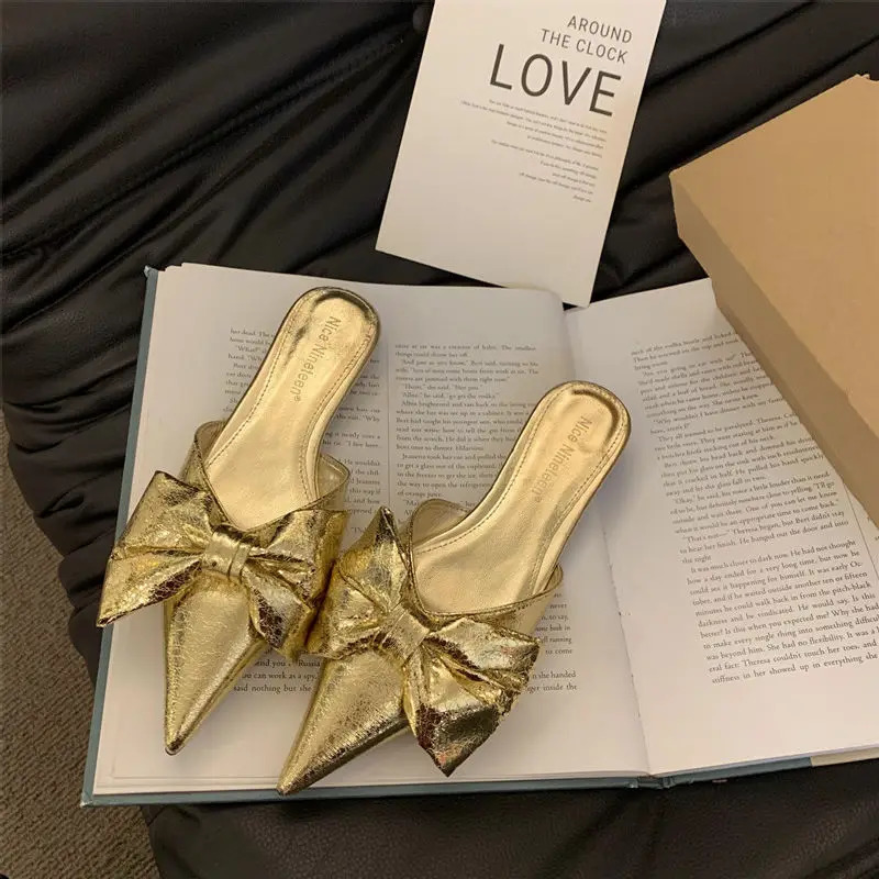 Bowtie Mule Shoes Women Fashion Pointed Toe Stripe Wave Slipon Sandals Ladies Satin Silk Outdoor Flat Slippers 251023