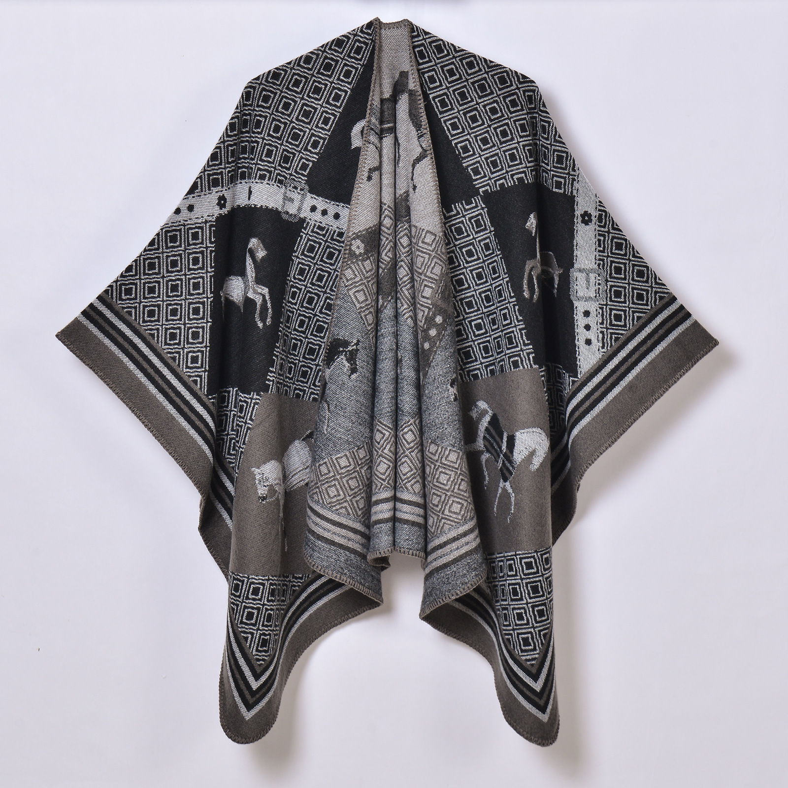New Womens Runway Shawl Jacquard Split Cape Knitted Outerwear
