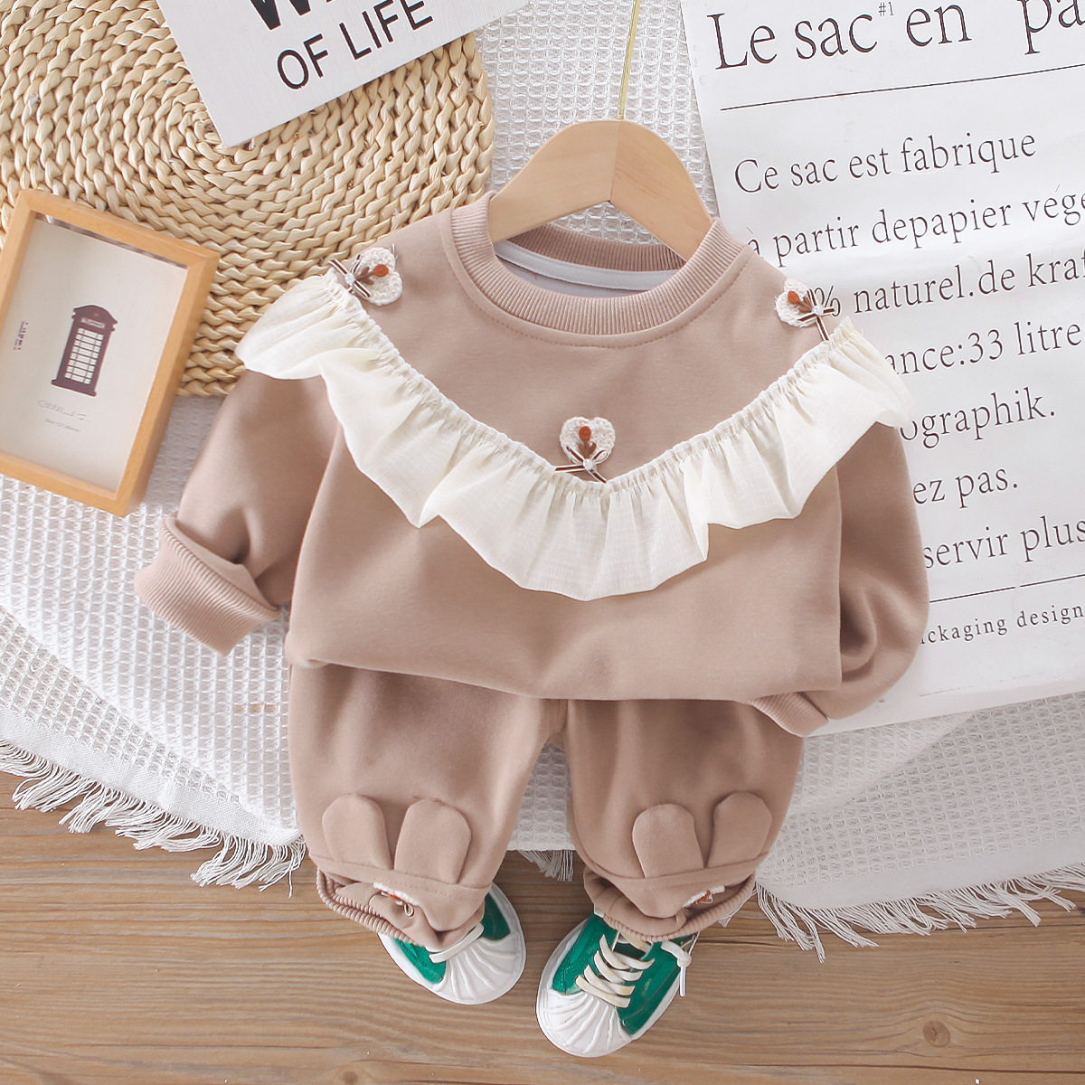 luxury kids clothing girls Girls' Spring Fall Patchwork Lace Hoodie Set, 2-Piece Long Sleeve Outfit for Toddler & Baby Girls