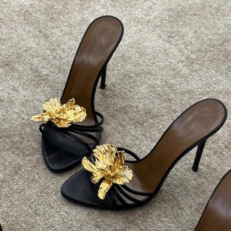 Womens Sandals Slippers Summer Metal Flowers Beautiful Fashion Sandals Womens Stiletto High Heels Black Sandals 251023