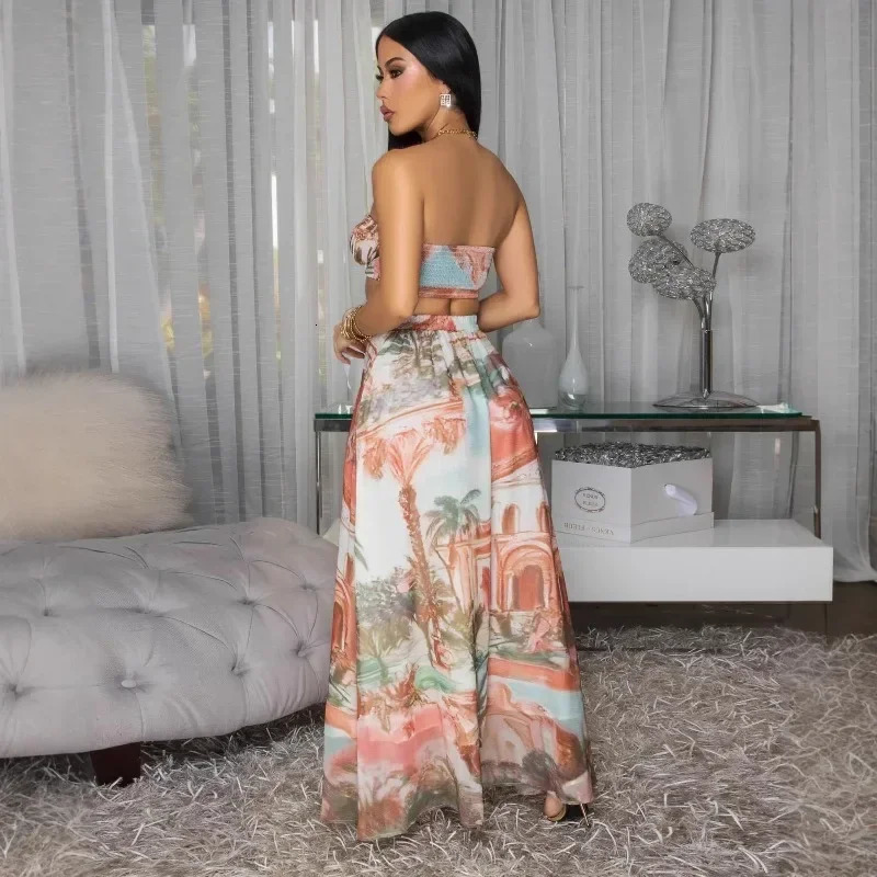 Doyerl Pattern Printing Party Dress Set Two Piece Vacation Club Wear Crop Top and Long Skirt Matching Sets Outfits 251016