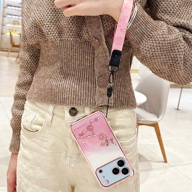 Luxury Gradient Glitter Diamond Flower Crossybody Strap Plating TPU Case For iPhone 17 Air 16e 16 15 14 13 12 11 Pro Max Samsung S25 Edge S24 FE S23 U