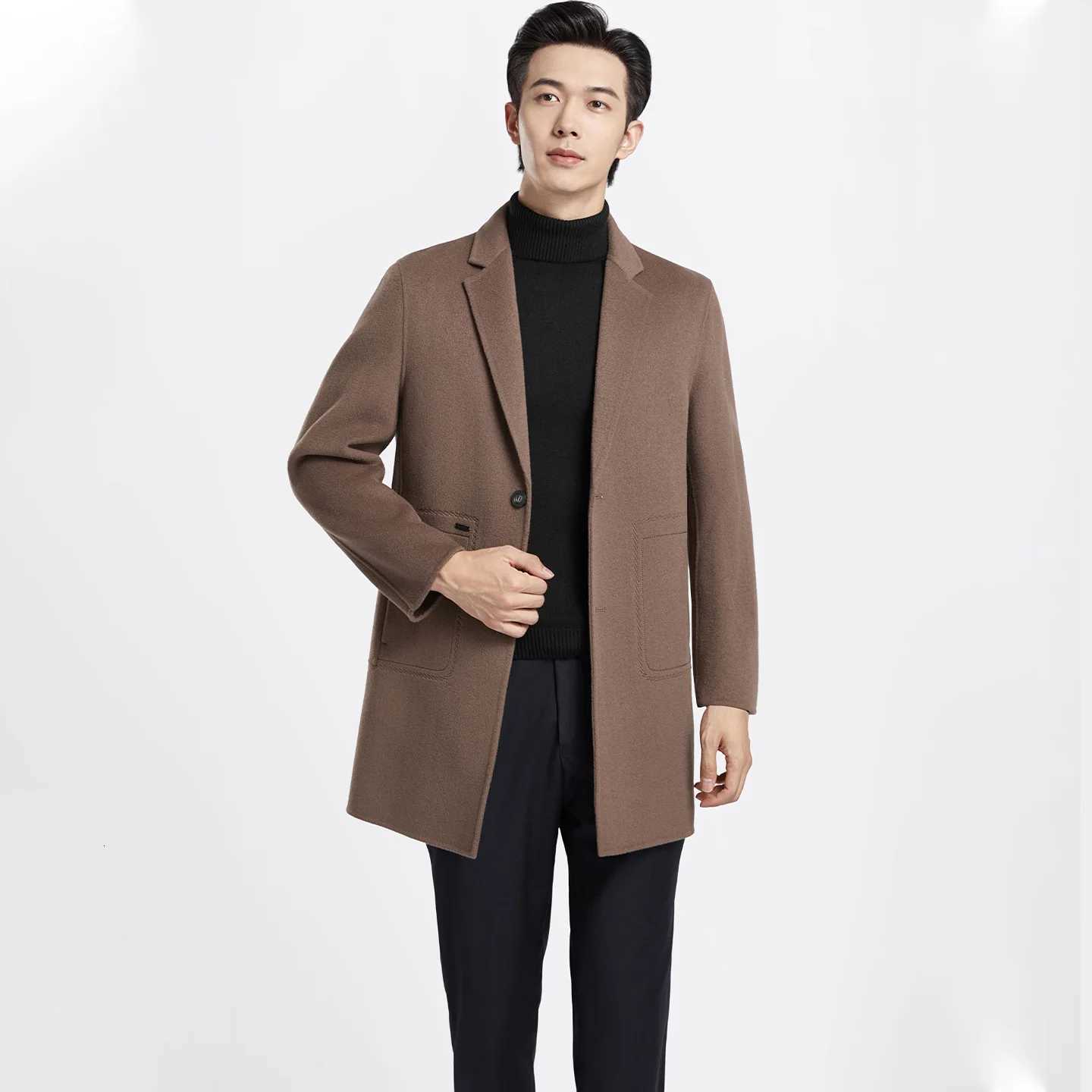 Mens 100 Wool Blend Overcoat BritishInspired MidLength Trench Coat for AllWeather Smart Casual WearT251025