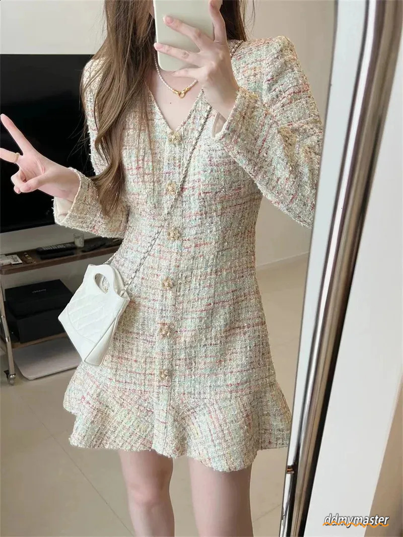 Dresses Women, Women's Tweed Mini - Elegant V-Neck Long Sleeve A-Line Ruffle Hem Short Dress For Autumn Fashion Ddmymaster