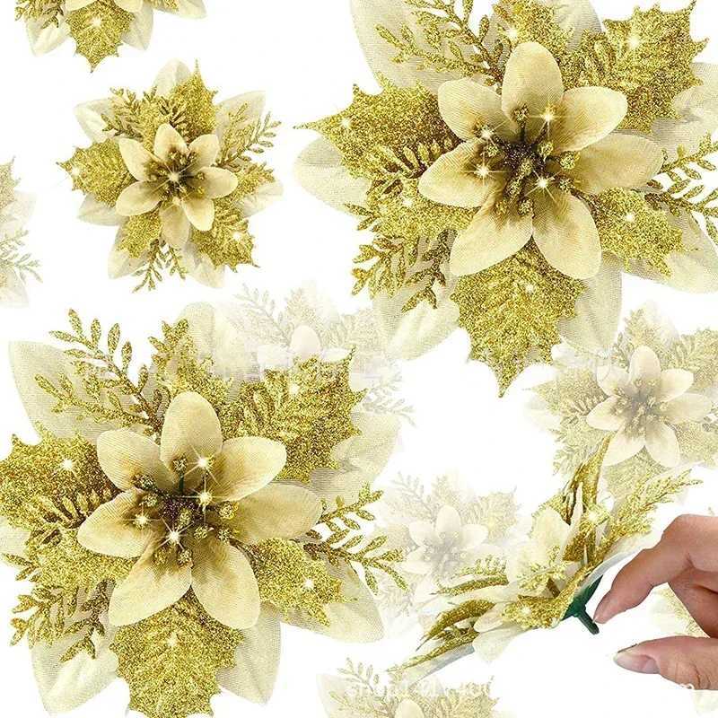 5pcs 145cm Glitter Artifical Christmas Flowers Mreey Christmas Tree Decoration Happy New Year Ornaments Xmas Fake Flowers natal C251024