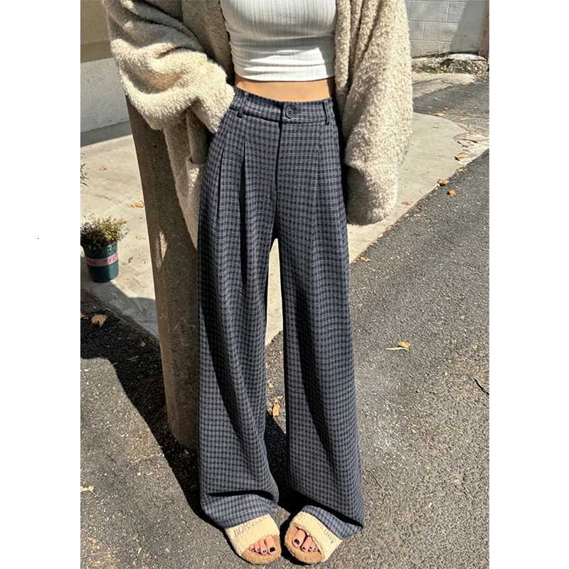 MEXZT Plaid Woolen Pants Women Fashion Streetwear Baggy Wide Leg Pants Winter Ladies Harajuku Korean Casual Straight TrousersT251025