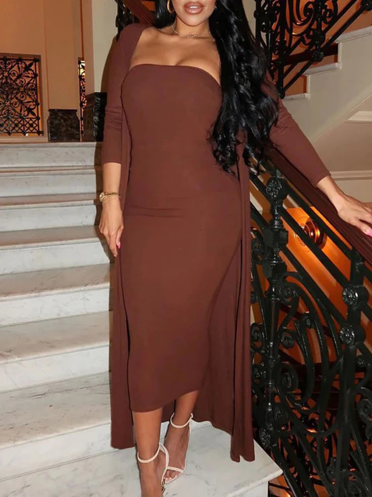Solid Sexy TubeTop Slim Dress Long Cardigan 2Piece Set Elegant Party Dresses Sleeve Coat Woman Wedding Guest Suit 251016