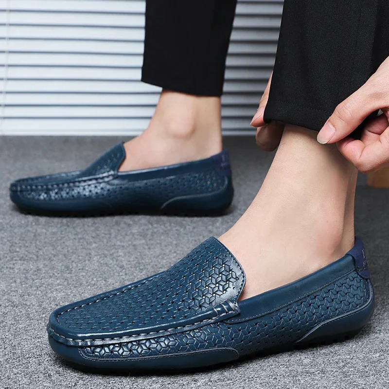Summer Men Casual Shoes Genuine Leather Mens Loafers Moccasins Hollow Out Breathable Slip on Driving Shoes 251023