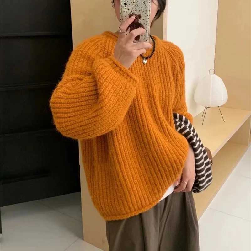 Korean Coarse Yarn Knitted Sweaters Womens Loose Fashion Candy Color ONeck Pullover Autumn Winter Thicken Warm Long Sleeve TopsT251025