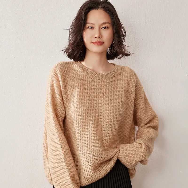 100 Cashmere Sweater for Women Pullover Corn Grain Shiny Silk Sweater Versatile Loose Round Neck Knitted Base Shirt for WomenT251025