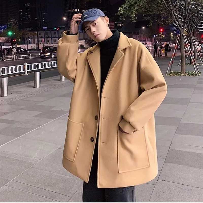 Woolen coat mens autumn and winter lamb wool thick solid color versatile suit collar jacket trendy couple mid length windbreakeT251025