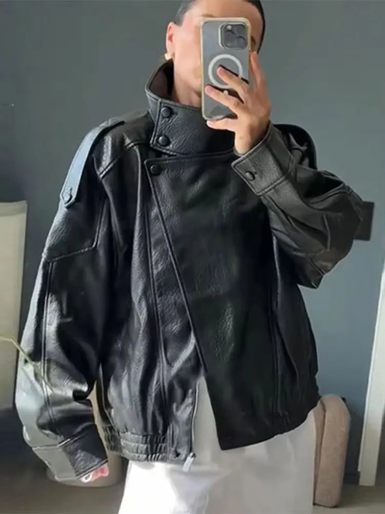 HH Autumn Faux Leather Jacket For Women Casual Solid Long Sleeve Zipper Pu Leather Coats Fashion Female Streetwear 251020