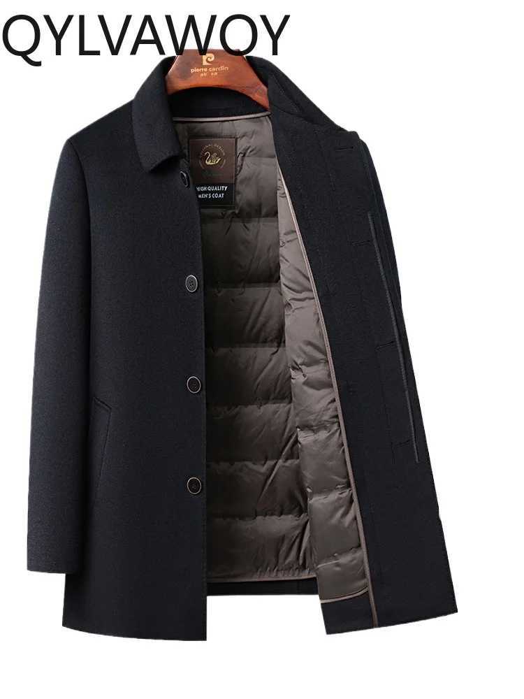 QYLVAWOY Mens Winter Thickened 100 Wool Coat MiddleAged Dads Style MidLong Lapel Woolen Outerwea abrigo para hombre LJ2068T251025