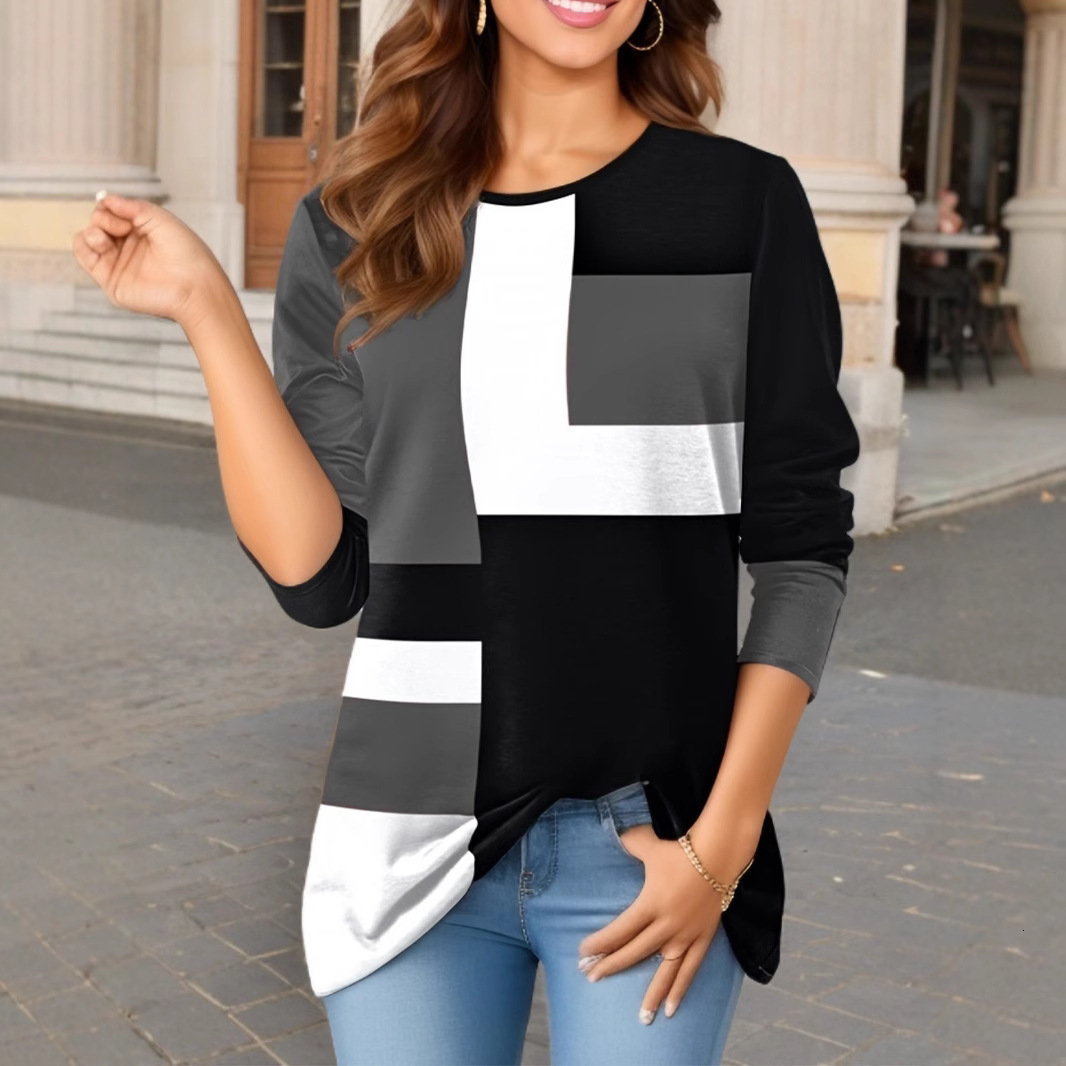 Women's Clothing New Geometric Color Block Long Sleeve T-Shirt