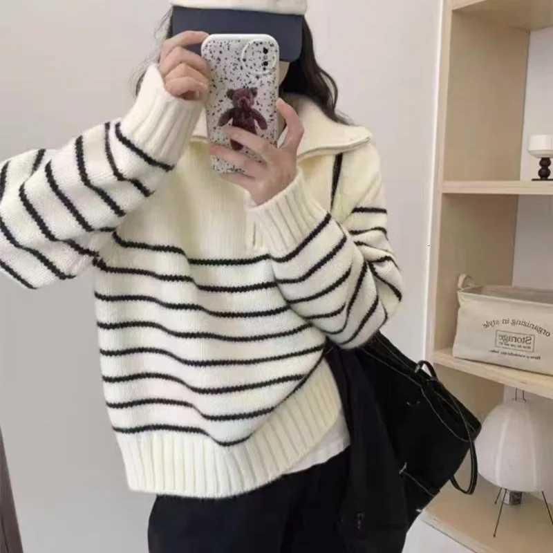 Fashion Loose Knitted Pullover Striped Women Sweater AutumnWinter New Korean Long Sleeve Casual Short Tops Half Zipper KnitwearT251025