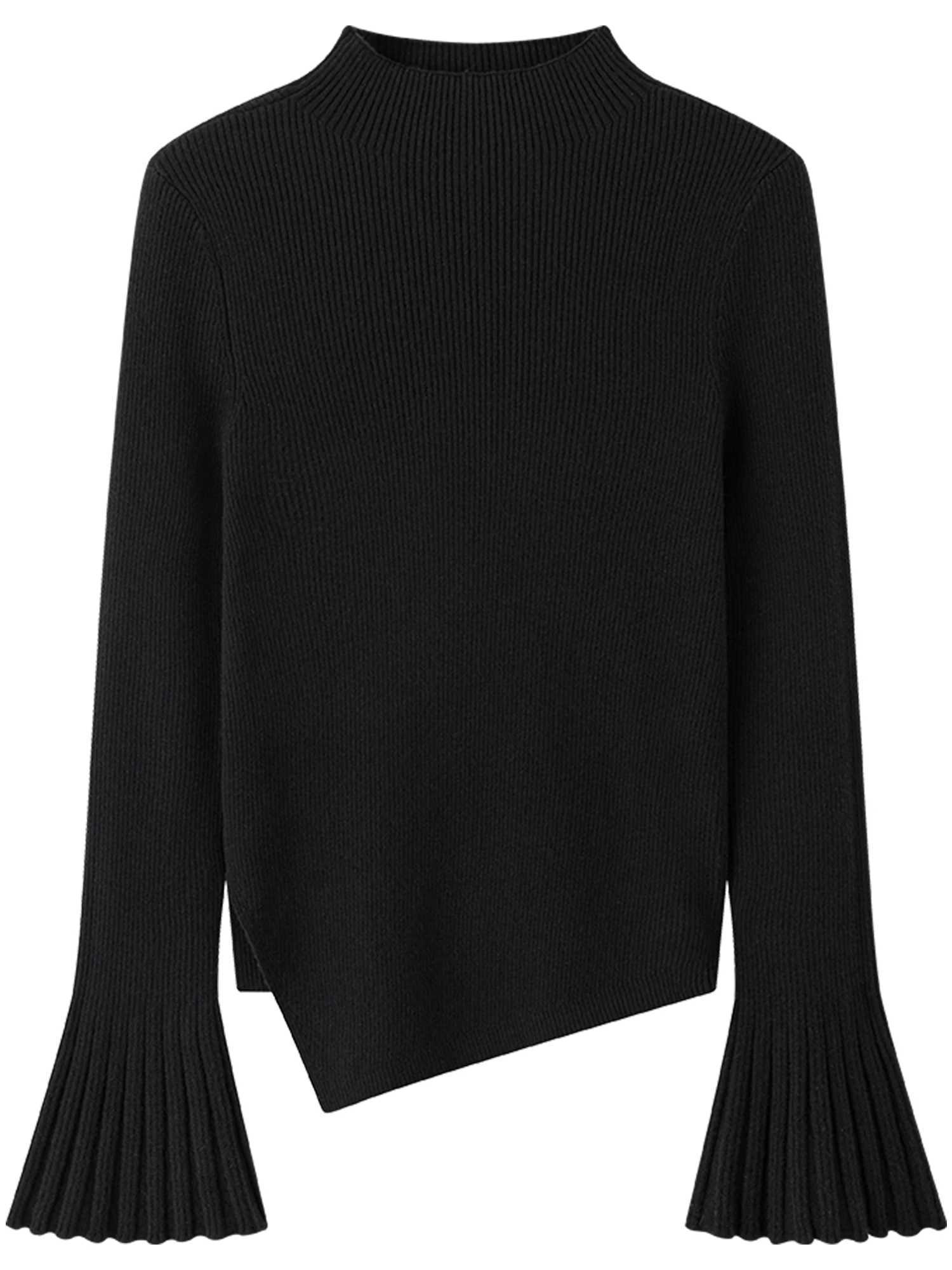 DUSHU Plus Size Womens Bell Sleeve Knit Sweater 2025 Winter Relaxed Fit Asymmetric Hem Mock Neck Soft Comfortable Casual TopT251025