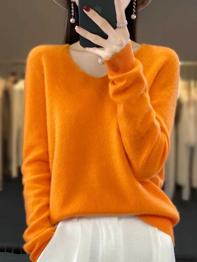 Aliselect Fashion 100 Merino Wool Women Sweater VNeck Long Sleeve Basic Jumper Spring Autumn Winter Clothing Knitwear TopsT251025