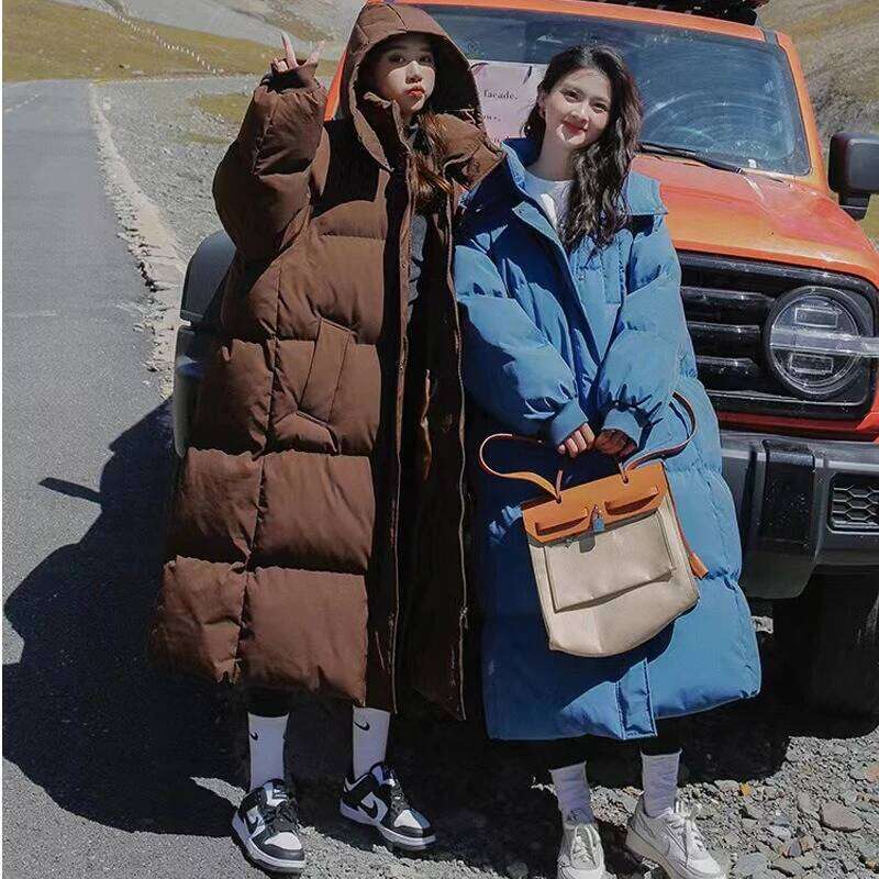 Thickened Down Cotton Bread Style Coat Women's Winter 2025 Outerwear Korean Loose Long Knee Length Solid Hooded Jacket Coats Designer Women