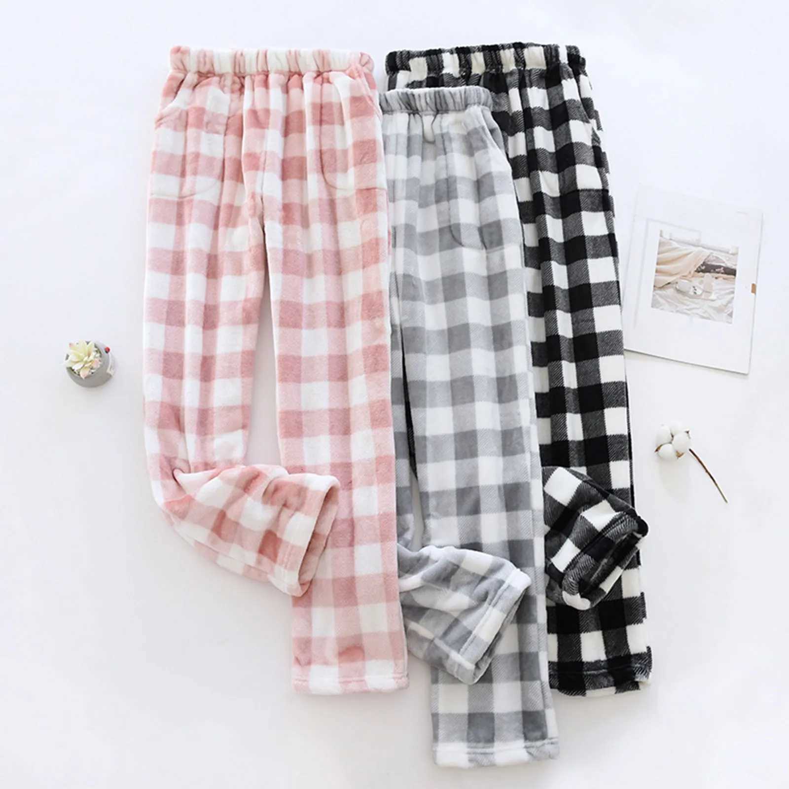 Comfortable Winter Thick Plaid Womens Flannel Pajama Pants High Waist Loose Casual Straight Big Size Fleece Warm Home TrousersT251025